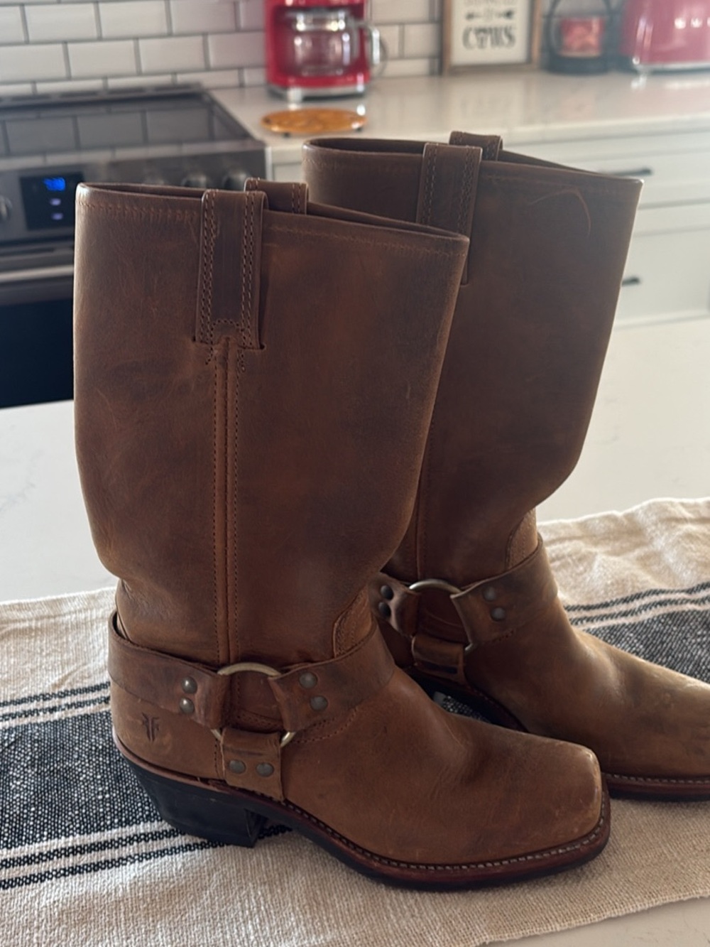 Frye Brown Leather Harness Moto Boots
